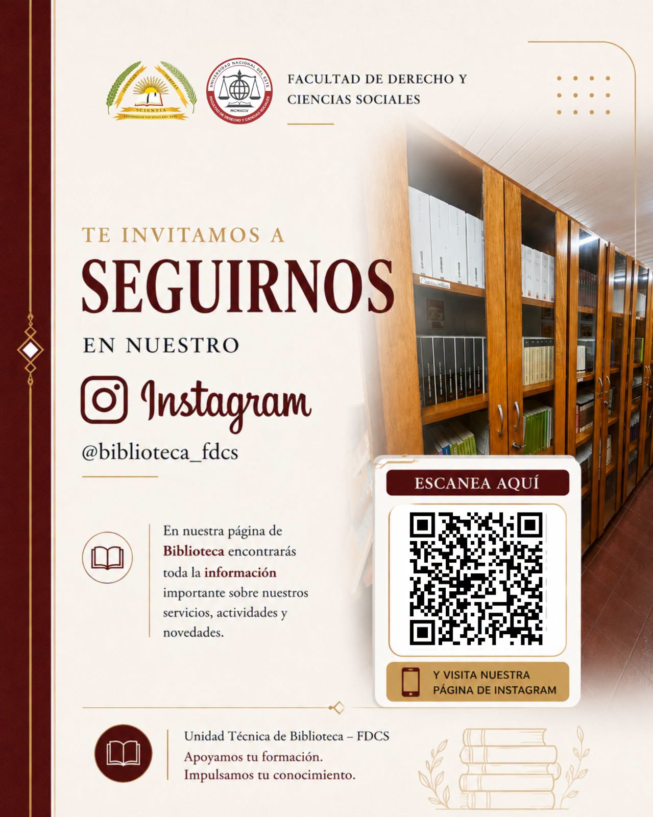 FDCS-UNE invita a seguir la cuenta oficial de la Unidad Técnica de Biblioteca en Instagram
